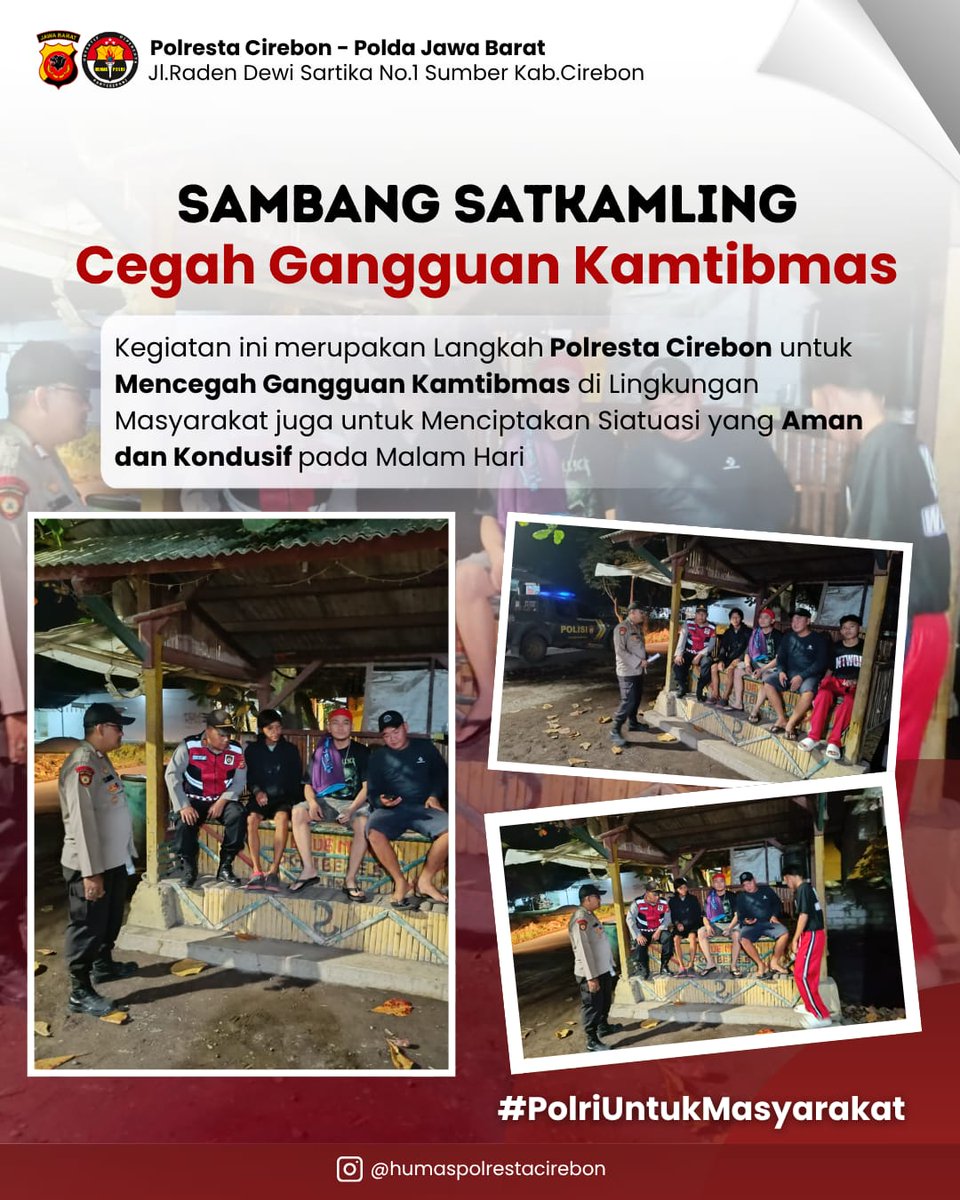 Sambang Sat Kamling Cegah Gangguan Kamtibmas

#PolrestaCirebon
#KapolrestaCirebon
#PolriUntukMasyarakat
#Hotline110
@divisihumaspolri @polisi_indonesia 
<a href="/spripim/">spripim_kepri</a>.polri <a href="/humaspoldajabar/">bidhumaspldjbr</a>