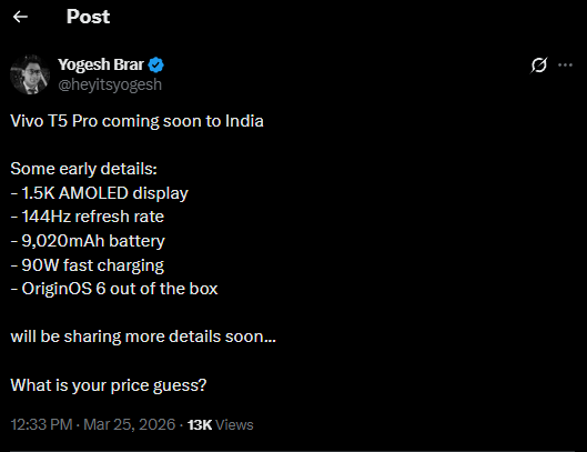 _techibee's tweet image. Vivo is going CRAZY with battery.

The upcoming Vivo T5 Pro is tipped to pack a massive 9020mAh battery + 90W fast charging.

Also getting a 144Hz AMOLED display for a super smooth experience.

2-day battery phone loading. What's your thought?

#Vivo #Smartphone #Tech #technews