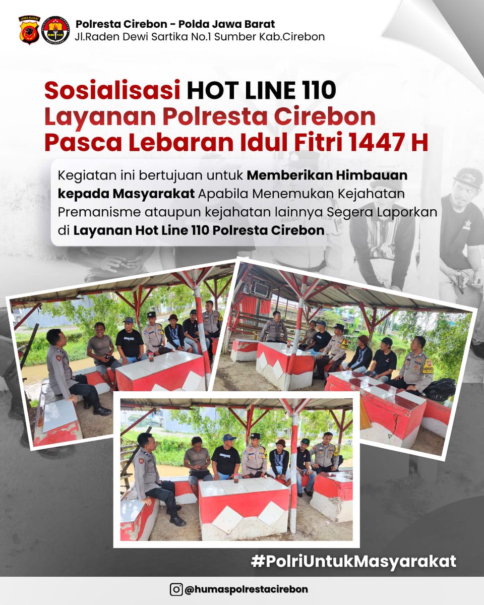 🚨 Sosialisasi HOT LINE 110 Polresta Cirebon 🚨

#PolrestaCirebon
#KapolrestaCirebon
#PolriUntukMasyarakat
#OpsKetupatLodaya2026
#Hotline110
@divisihumaspolri @polisi_indonesia
<a href="/spripim/">spripim_kepri</a>.polri <a href="/humaspoldajabar/">bidhumaspldjbr</a>