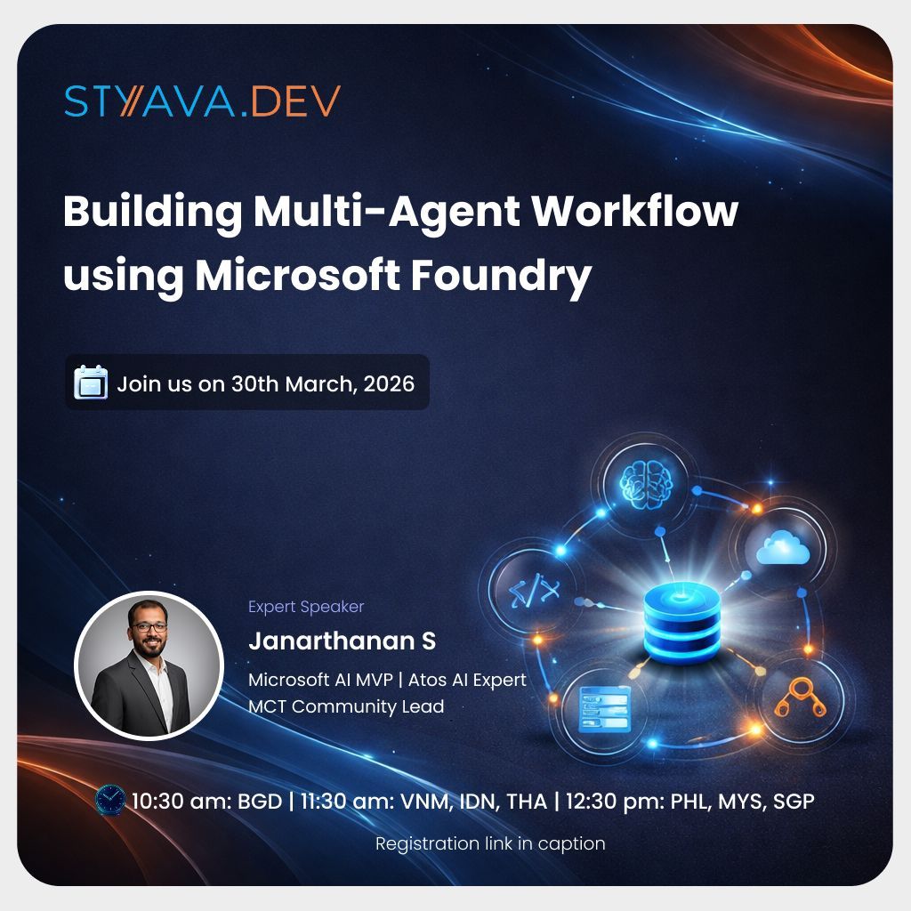 StyavaD's tweet photo. Most people talk about AI agents.
 Few know how to connect them into real workflows.
This session shows how multi-agent systems work in practice.

Join Janarthanan S
 Microsoft AI MVP | MCT Community Lead | Atos AI Expert

🔗 Register here: https://t.co/GkEKQu9BW9 https://t.co/HWt4lfKuz5