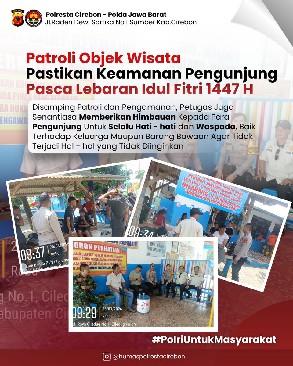 Patroli Objek Wisata Pastikan Keamanan Pengunjung Pasca Lebaran Idul Fitri 1447 H.

#PolrestaCirebon
#KapolrestaCirebon
#PolriUntukMasyarakat
#Hotline110
@divisihumaspolri @polisi_indonesia
<a href="/spripim/">spripim_kepri</a>.polri <a href="/humaspoldajabar/">bidhumaspldjbr</a>