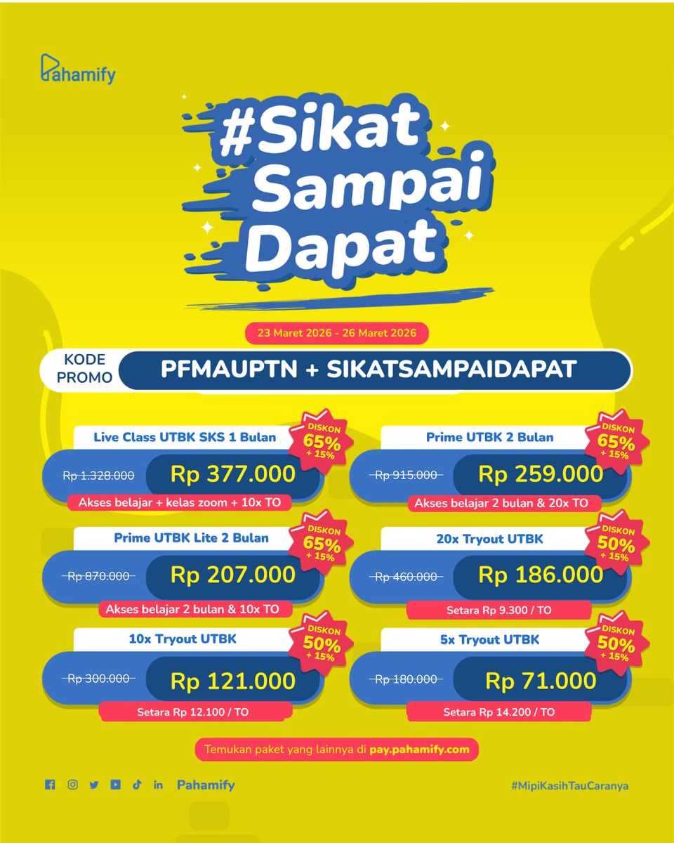 cipamipy's tweet photo. LAST DAY PROMO PAHAMIFY 

⭐ Live Class UTBK, Prime UTBK, &amp; TO

Pakai double diskon biar tambah murah 🤩💥
Kode diskon: PFMAUPTN + LEBARANBARENGMIPI
https://t.co/nBdNzOUhjf

bimbel utbk online sharing pdf tryout gratis pk pm pu pbm ugm snbt snbp review mipy diamond materi jawaban https://t.co/nRlAeYiMeV