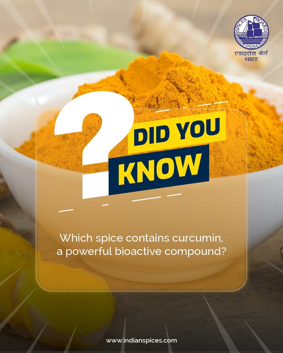 Spices_Board's tweet image. Answer: Turmeric
Curcumin in turmeric has anti-inflammatory and antioxidant properties, making it widely studied for health benefits and used in traditional medicine.

#SpiceScience #Turmeric #Curcumin #HealthySpices #DidYouKnow #Wellness