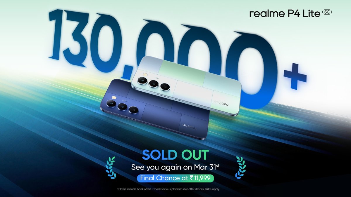 realmeIndia's tweet image. Gone in a flash. Back before you know it.
130,000+ units sold out.
Missed it? Your next chance drops on 31st March.

#realmeP4Lite 5G

Know more – 
tinyurl.com/yra677w5 
tinyurl.com/4yzub4b4