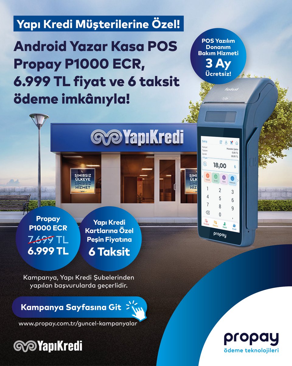 propaytr's tweet image. İşletmelerin hızlı, güvenli ve kesintisiz ödeme almasını sağlayan Android Yazar Kasa POS Propay P1000 ECR, 6.999 TL fiyat ve vade farksız 6 taksit ödeme imkânıyla Yapı Kredi Şubelerinde! ⚡

#Propay #P1000ECR #PropayP1000ECR #Android #YazarkasaPOS #ÖKC
#YapıKredi