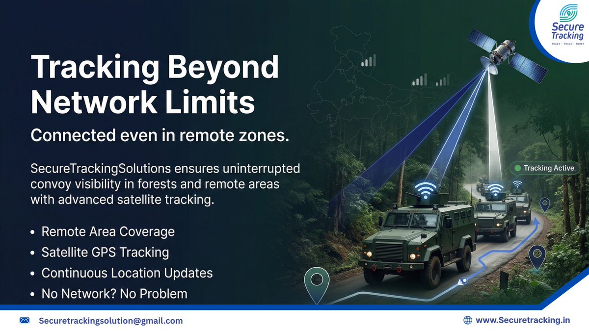 Securetrackin's tweet photo. No network? No problem. 📡

Secure Tracking Solutions ensures uninterrupted convoy visibility in remote &amp; forest routes with advanced satellite tracking.

Stay connected. Stay protected.

🌐 https://t.co/KtOgRCknFQ
📧 securetrackingsolution@gmail.com

#SatelliteTracking https://t.co/053AHuO4gO