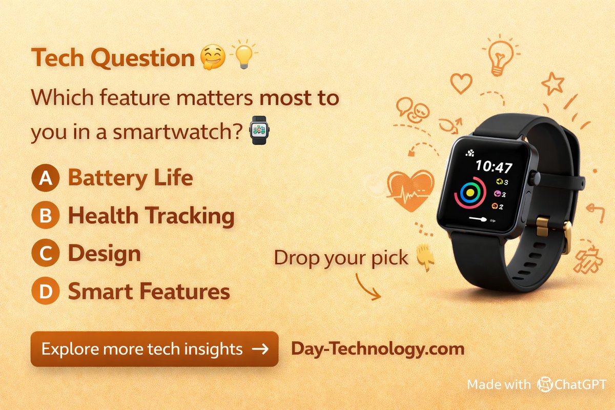 DayTechnology1's tweet image. Tech Question 🤔💡
Which feature matters most to you in a smartwatch? ⌚
A) Battery Life
B) Health Tracking
C) Design
D) Smart Features

Drop your pick 👇

Explore more tech insights ➡️ Day-Technology.com

#TechQuestion #Smartwatch #TechPoll #Gadgets #DayTechnology