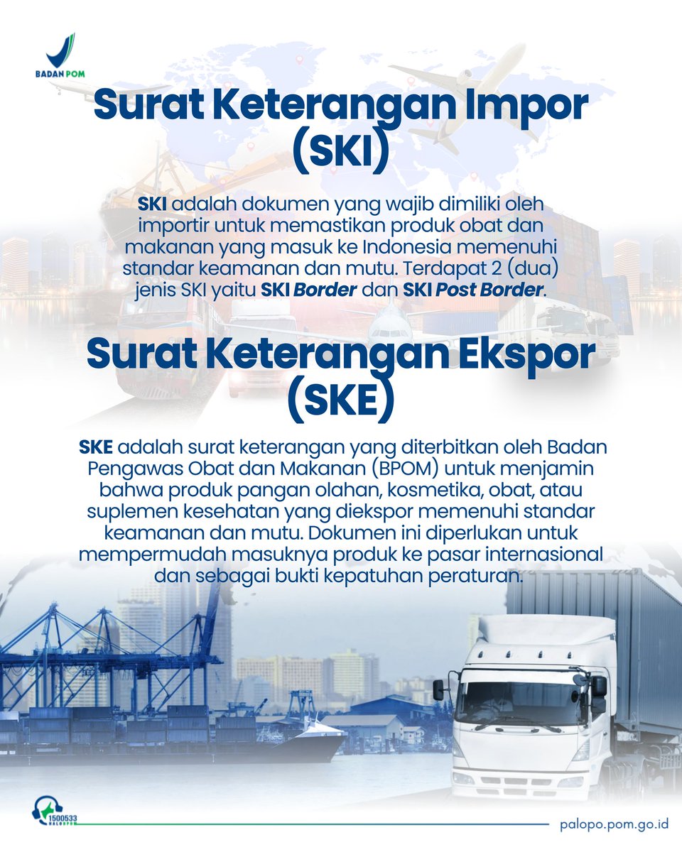 bpompalopo's tweet photo. Hai #SolataBPOM, mau mengimpor atau mengekspor produk pangan olahan dan sediaan farmasi? 
Ketahui dulu apa itu SKI (Surat Keterangan Impor) dan SKE (Surat Keterangan Ekspor) yang wajib dimiliki sebelum mengimpor dan mengekspor https://t.co/9dBwxibX8v