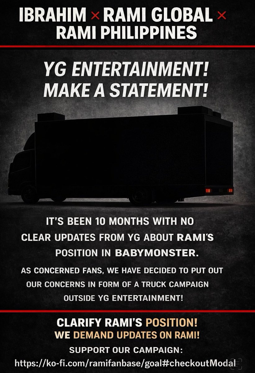 Ramifile's tweet photo. A truck campaign will be sent to demand clarity on Rami’s position.

🟩🟩⬜⬜⬜⬜⬜⬜⬜⬜ 26% of goal on Ko-fi!

Stand with us — donate here and support RAMI:
[https://t.co/MZ0xNE4N80]

#AccountabilityForRami #WeStandWithRami https://t.co/VC890DeUMg