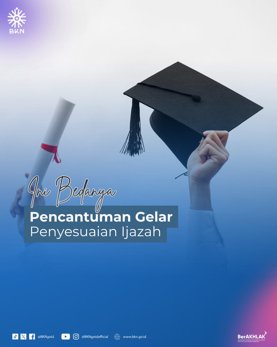 BKNgoid's tweet photo. Sama-sama bisa diajukan sebagai peningkatan pendidikan, Sobat BKN jangan sampai keliru membedakan Pencantuman Gelar dengan Penyesuaian Ijazah.

Ini Bedanya!

Nantikan info beda-beda lainnya 🙌

#InfoASN #BKN #IniBedanya https://t.co/sLayOdCXRw