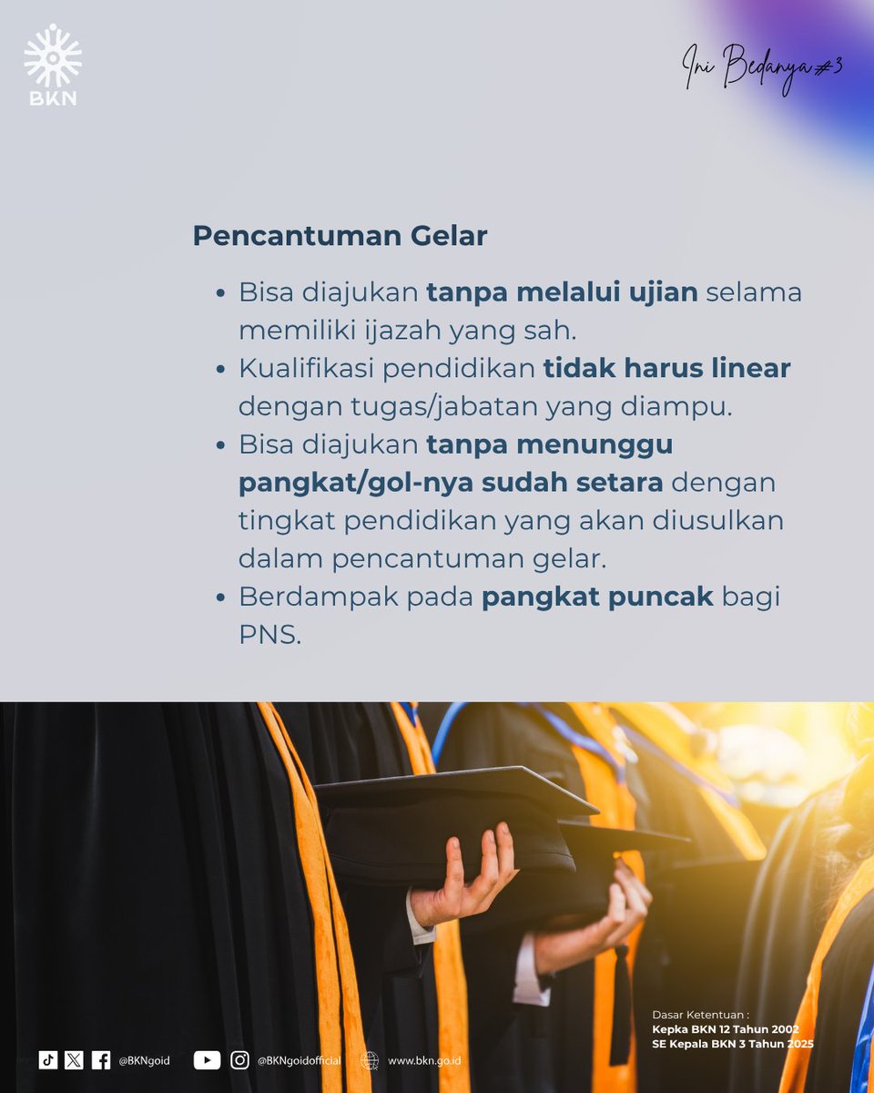 BKNgoid's tweet photo. Sama-sama bisa diajukan sebagai peningkatan pendidikan, Sobat BKN jangan sampai keliru membedakan Pencantuman Gelar dengan Penyesuaian Ijazah.

Ini Bedanya!

Nantikan info beda-beda lainnya 🙌

#InfoASN #BKN #IniBedanya https://t.co/sLayOdCXRw