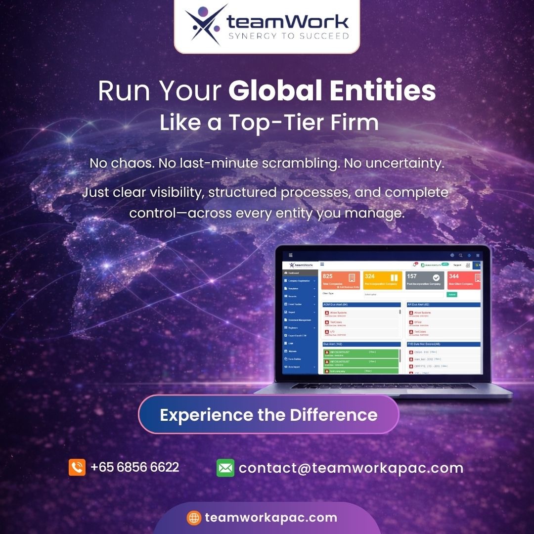 ApacTeamwork's tweet photo. 🚀 Managing global entities shouldn’t be chaotic.

Get clear visibility, structured processes &amp; full control — all in one place with #teamWorkApac.

Ready to simplify compliance? 👇

📞 +65 6856 6622
📧 contact@teamworkapac.com
🌐 https://t.co/txYsvzJP9x
#Singapore https://t.co/GMU2dQVyfq