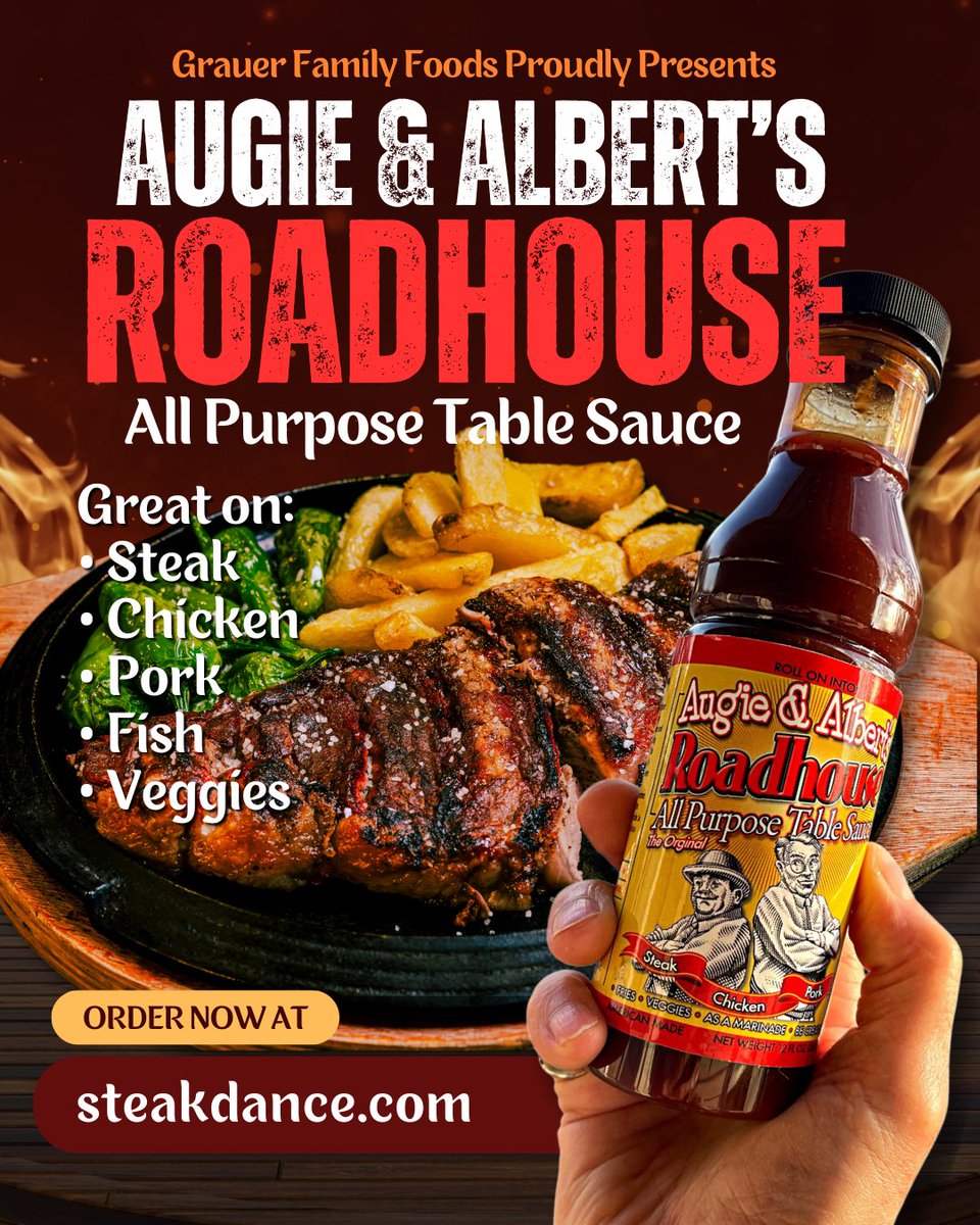 KimTbone's tweet photo. Introducing Augie &amp; Albert’s Roadhouse All Purpose Table Sauce — the bold, flavor-packed finishing sauce built for serious taste. Crafted to complement everything from flame-grilled steaks and smoky barbecue to juicy chicken, pork, seafood, burgers, fries, and even eggs! https://t.co/4LqNcGKP5p
