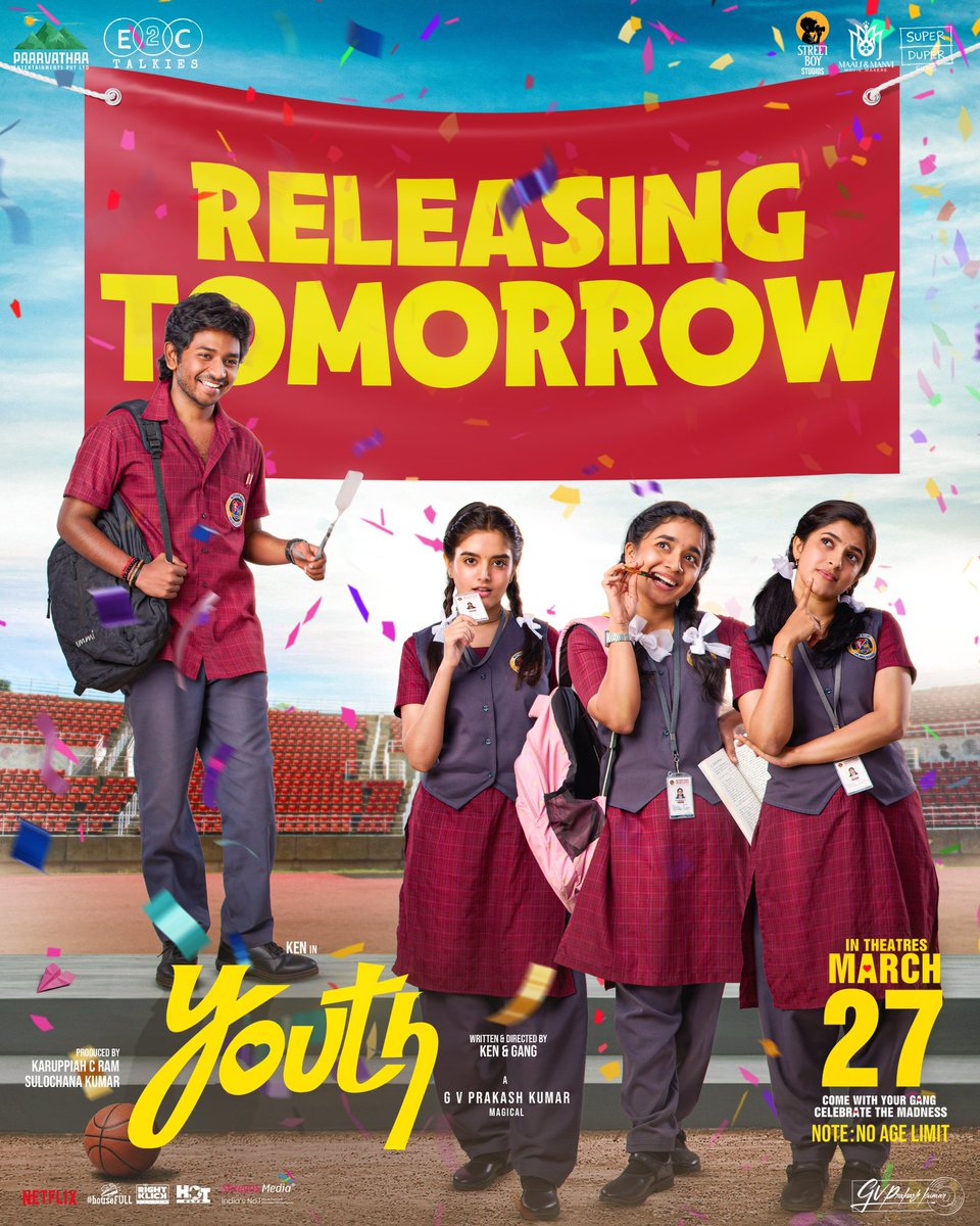 shreyasmedia's tweet photo. #YOUTHTelugu GRAND RELEASE TOMORROW🕺
Gather your GANG & Witness the MADNESS on big screens near you! 😎
#KenKarunaas #GVPrakashKumar #VineethBabu #SandeepKumar #KaruppiahCRam https://t.co/zZfWmCTo1G