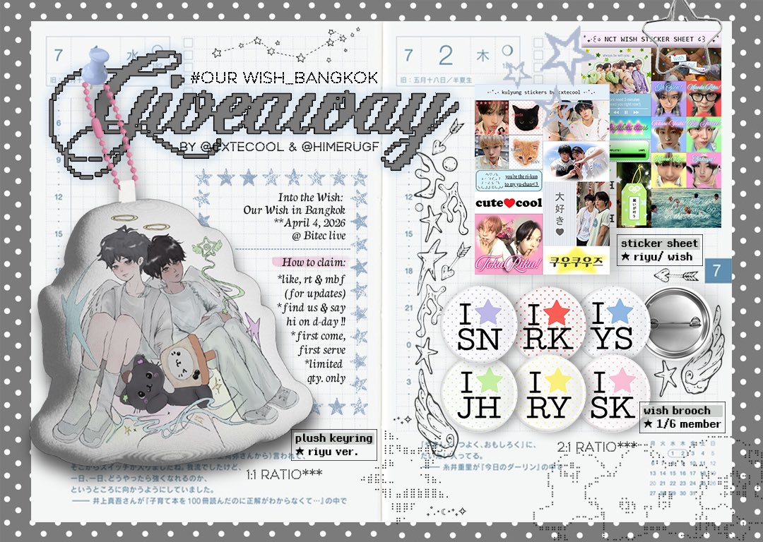 ⁀➴ pls kindly rt ⭐️🪽 

giveaway for wishzen ໒꒱ ‧₊˚
— by <a href="/cxtecool/">cha!</a> &amp; <a href="/himerugf/">franz</a> 

✩ riyu plush keyring
✩ wish / riyu a6 sticker 
✩ wish brooch 
⋆⋆⋆limited qty⋆⋆⋆

🗓️: 4 april 2026
📍: bitec live

rt &amp; show this tweet

#NCTWISH_CONCERT_TOUR_IN_BKK 
#OurWISH_BANGKOK