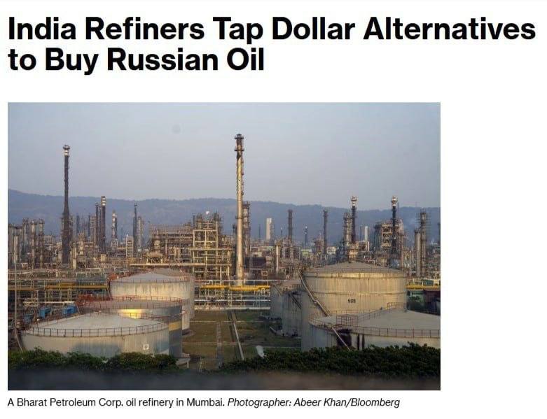 MahalaxmiRaman's tweet image. 🇮🇳🚫💵  #India switched to alternative currencies when purchasing #Russian oil, abandoning the dollar

💸Bloomberg reports that money transfers to Russian suppliers are now being converted into #Arabic #Dirhams and #Chinese #Yuan. 

🛢It is noted that Indian Oil Corp. since the