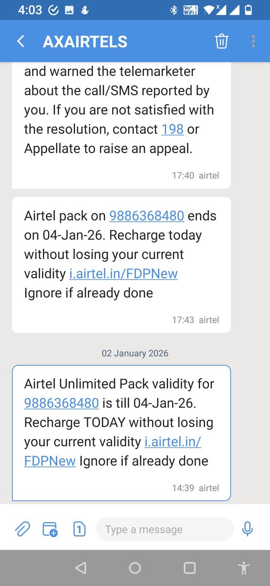 vivdev's tweet photo. @Airtel_Presence Rs 548 plan's 84 days validity from 4th Jan 2026 should be till 29th March.  But airtel is hammering that 26th March today is the expiry date!  Attaching screenshots.  Sent email yest to 121@in.airtel.com, didn't get even automated reply!  121 via phone no better https://t.co/xXMwjp88R5