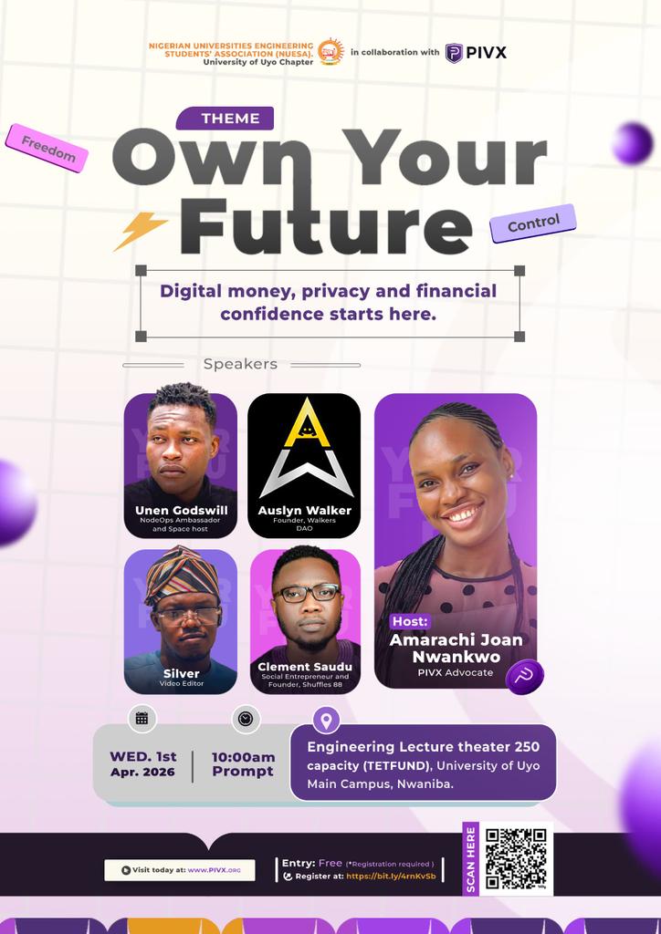 AbbyMiller89111's tweet image. $PIVX is coming to UYO
It's time to OWN YOUR FUTURE —a powerful event on digital money, privacy &amp;amp; financial confidence.

Date: 1st April 2026
Time: 10:00am Prompt
Venue: Uyo Main Campus

Host: @Joan_Amarachi20
Register: bit.ly/4rnKvSb

Be There!!!