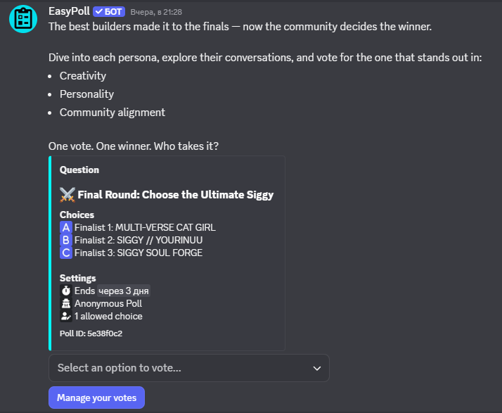 hey frens, <a href="/ritualnet/">Ritual</a>  Discord is running the final vote for the official Siggy bot

thousands of prompts were tested, only three 3 made it. now the community decides which bot becomes the official Siggy for the whole server

the winner gets a unique Siggy Soulsmith role and