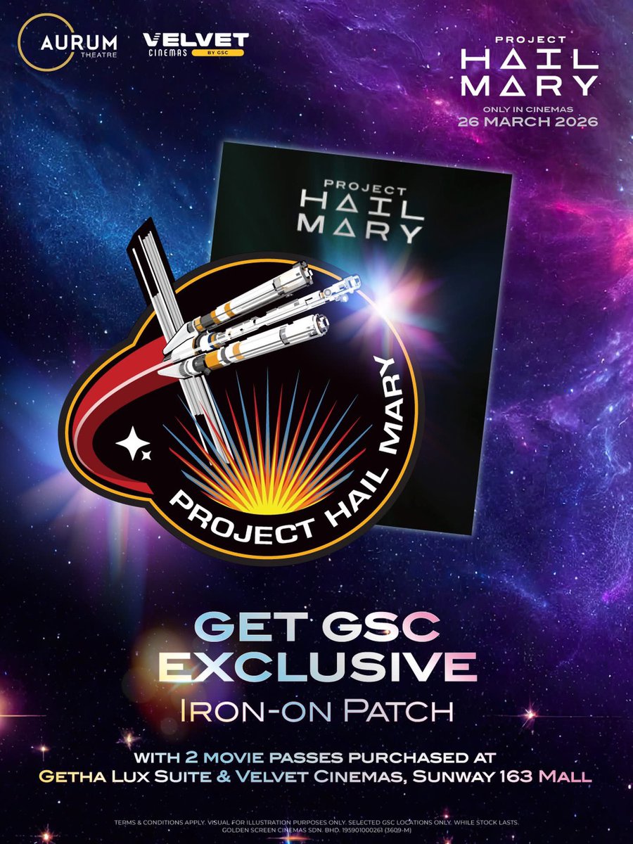 GSCinemas's tweet photo. Want a gift from Rocky, question? ๐ชจ๐
Bring home an exclusive #ProjectHailMary Iron-On Patch when you purchase 2x #Getha Lux Suite or Velvet movie passes to Project Hail Mary at #AurumTheatre and #VelvetCinemas! ๐จโ๐๐
๐
26 March onwards, while stocks last.
๐๏ธ Secure your seats and exclusive iron-on patch now!
For more info: https://t.co/mnG8mHAs4T