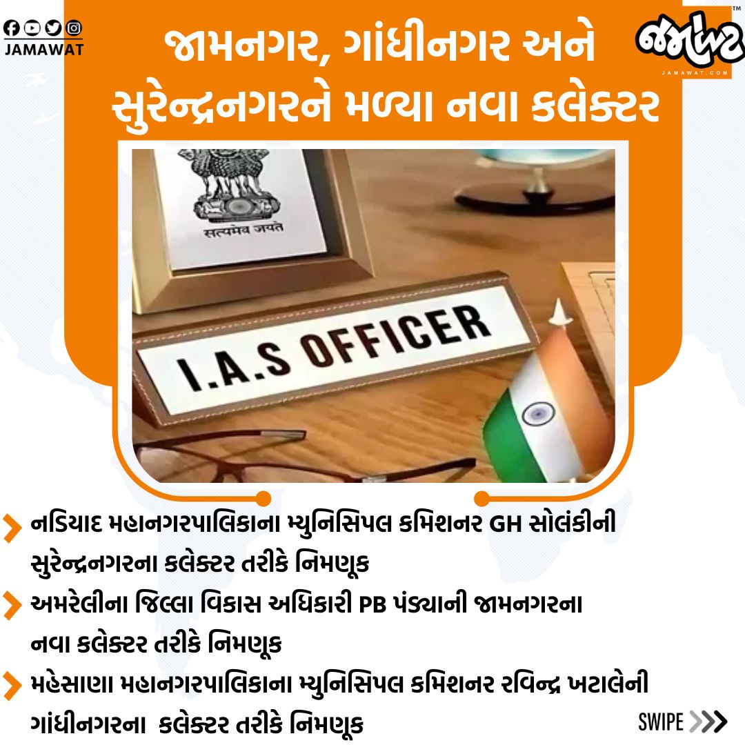 Jamawat3's tweet photo. રાજ્યના ત્રણ IAS અધિકારીઓની બદલી, જામનગર, સુરેન્દ્રનગર અને ગાંધીનગરને મળ્યા નવા કલેક્ટર...
#IASTransfers #Bureaucracy #CollectorTransfer #GujaratAdministration #Jamawat https://t.co/EfVaAK6gXm