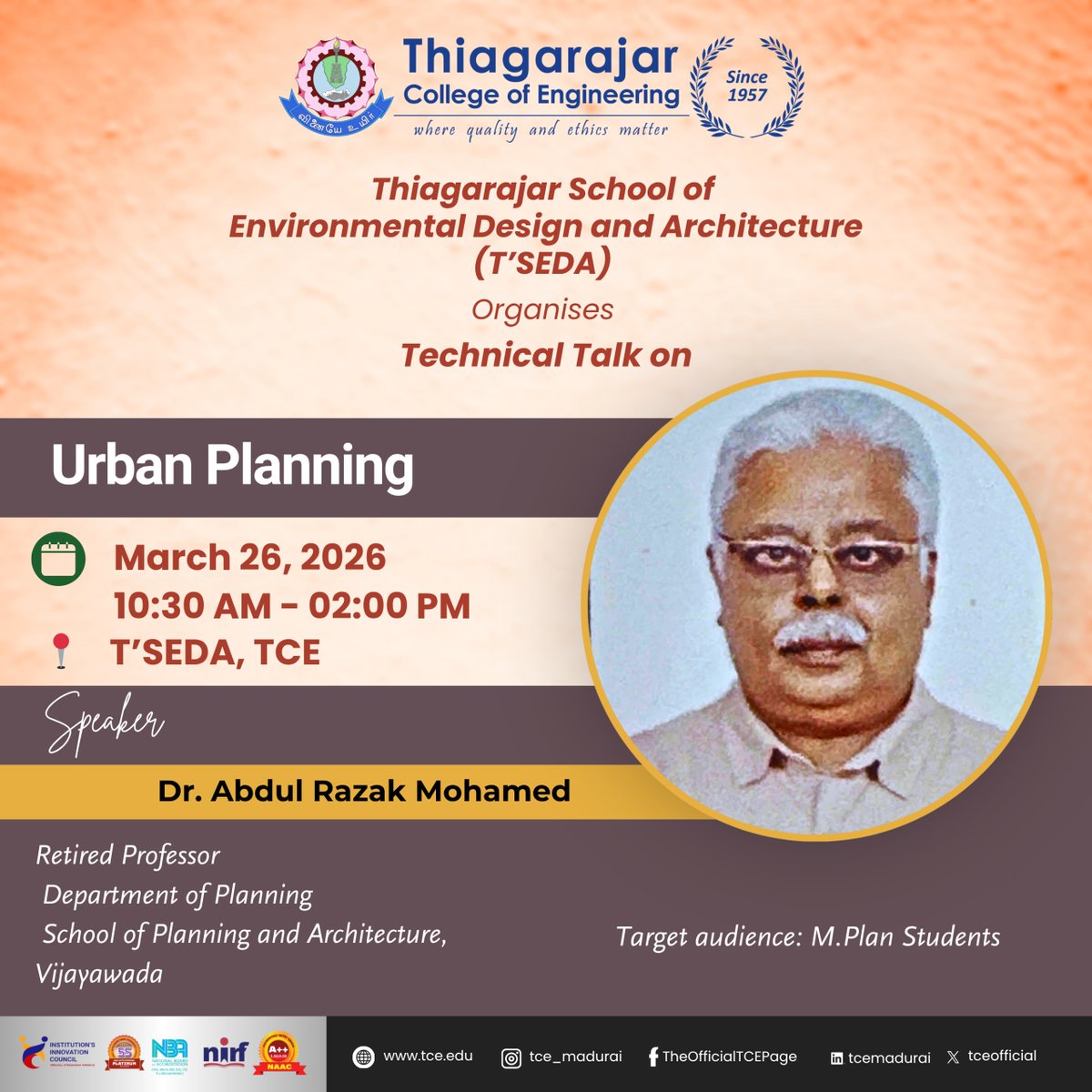 tceofficialpage's tweet photo. 📢 Technical Talk on Urban Planning | T’SEDA – TCE
🎙 Dr. Abdul Razak Mohamed, SPA Vijayawada
📅 Mar 26, 2026 | ⏰ 10:30 AM–2:00 PM
Gain expert insights into urban planning & real-world perspectives.
#TCE #UrbanPlanning #TechnicalTalk #PlanningStudents #Architecture https://t.co/nlEYVSzWsO