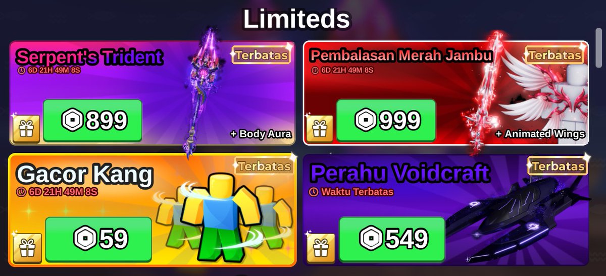 OPEN GIG 🧚‍♀️
𝗙𝗜𝗦𝗛 𝗜𝗧
Crimson Retribution : 74.925
Serpent’s Trident : 67.425
Voidcraft Boat : 41.175
Emot Gacor Kang : 4.425
Azure Crate 1× : 8.175 
Azure Crate 5x : 40.875

yg mau jajan sungg wa aja iaa
wa.me/6289513622255