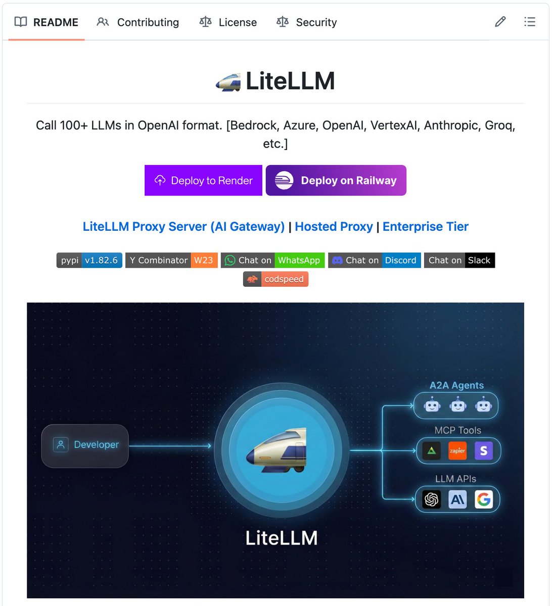 heynavtoor's tweet photo. 🚨 Every AI company wants to lock you into their API.

Someone just open sourced the master key that unlocks all of them. One interface. 100+ LLMs.

It's called LiteLLM.

And it just hit 1 billion requests processed.

GPT. Claude. Gemini. Llama. Mistral. Bedrock. Azure. Cohere. Groq. 100+ models. One line of code. Same format. Same output. Swap any model by changing a single string.

No rewriting your app. No learning new APIs. No vendor lock-in. Ever.

Here's what this thing does:

→ Call 100+ LLMs using the exact OpenAI format — every model responds the same way
→ Built-in retry and fallback — if OpenAI goes down, it auto-switches to Claude or Gemini
→ Cost tracking per user, per team, per project — know exactly what you're spending
→ Rate limiting and budget caps — set a $500/month limit per team and it enforces it automatically
→ Load balancing across multiple deployments — spread traffic across Azure, OpenAI, and Bedrock
→ Virtual API keys for every team member — no sharing master keys
→ Admin dashboard UI for monitoring everything
→ 8ms P95 latency at 1,000 requests per second
→ Guardrails, PII redaction, and caching built in
→ Works as a Python SDK or a self-hosted proxy gateway

Here's the wildest part:

Enterprise AI gateway companies charge $50K-$200K/year for exactly this. Centralized LLM access. Cost controls. Key management. Usage monitoring. Load balancing.

LiteLLM does all of it. Self-hosted. Free. Backed by Y Combinator. Used by teams processing over 1 billion API requests.

240 million Docker pulls. 10.4K GitHub stars. 920 forks. 7,300 commits. MIT License.

100% Open Source.

(Link in the comments)