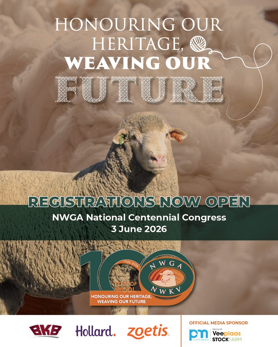 Stockfarmmag's tweet image. The NWGA’s 95th annual congress will take place on 3 June 2026 in Jeffreys Bay and forms part of their centenary celebrations. “Honouring our heritage, #weaving our future”, be a part of this definitive moment, register today: nwga.co.za/nwga-centennia… 

@Hollard @zoetis 

#wool