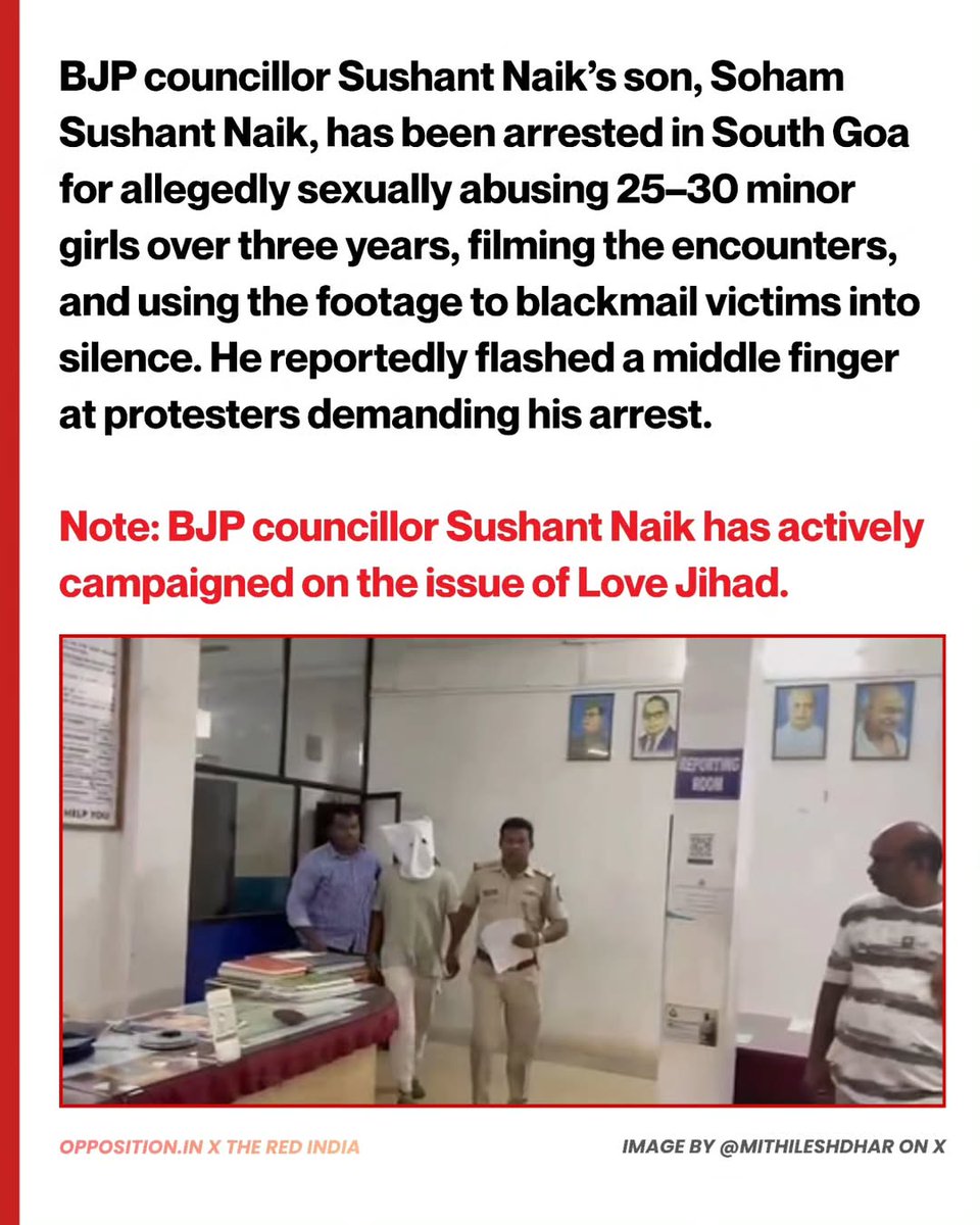 sunmor2901's tweet image. Soham Sushant Naik, son of BJP councillor Sushant Naik, has been arrested in #SouthGoa for allegedly s€xually abusing 30 minor girls over a period of 3 years'

The accused is said to have recorded videos of the assaults &amp;amp; used the footage to blackmail the victims into silence.