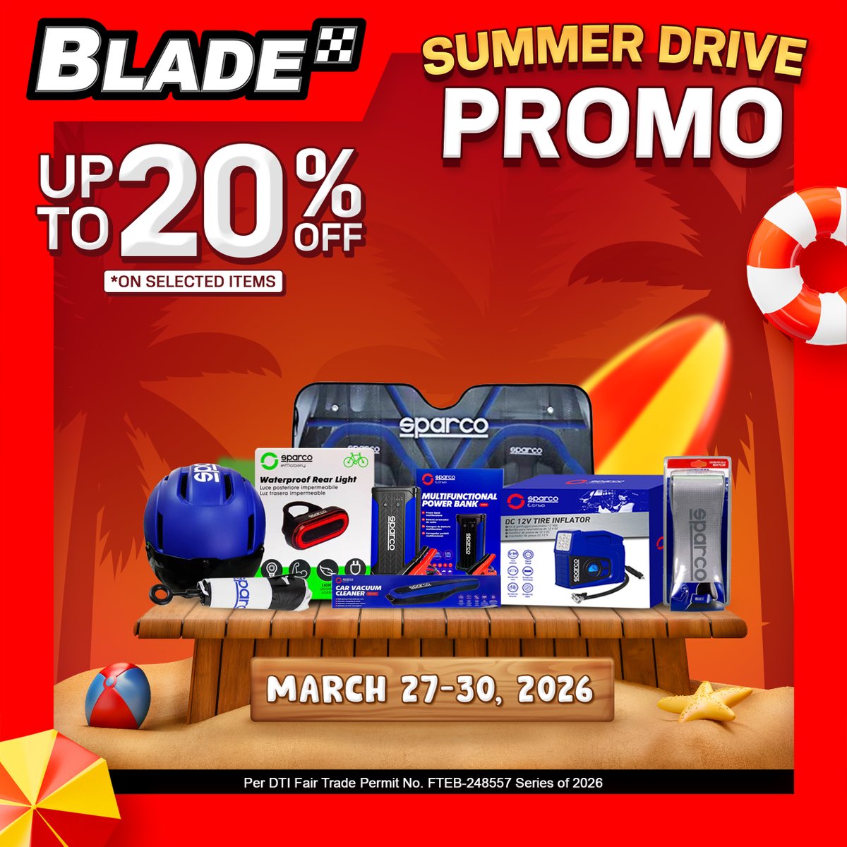 BladeAutoCenter's tweet image. SUMMER DRIVE SALE! 🏖️
Big deals on selected items 💥
Upgrade your ride today.

📅 March 27–30, 2026
Shop now at Blade!

#BladeAutoCenter #BladePH #ItsBladeItsBetter