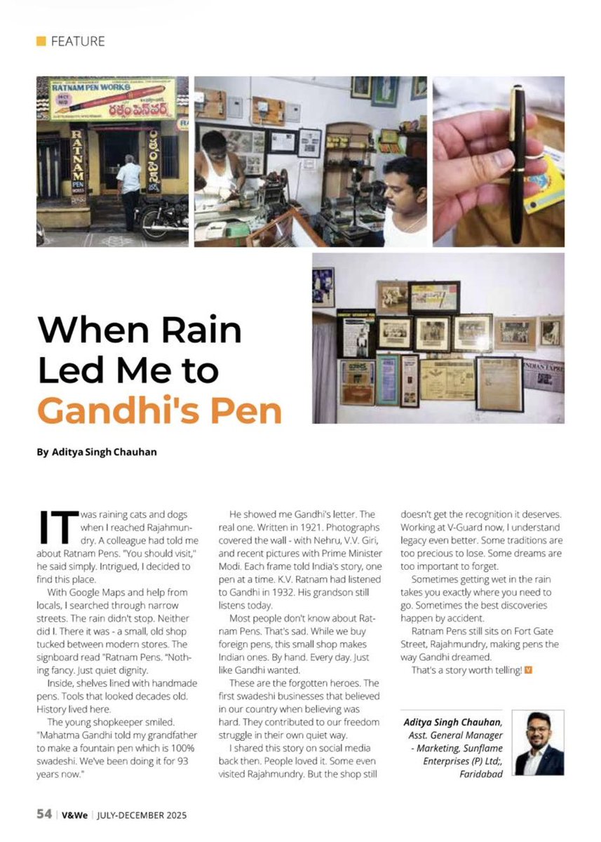 stories_aditya's tweet photo. Imagine a pen so storied, it graces the desk of every new President of India - a quiet legend etched in ink and history.

Recently, my article on #RatnamPens found its way into #VGuard magazine.

I am happy to play even a small part in sharing its enduring tale.

#StoriesAditya https://t.co/X7lL9OUbvR