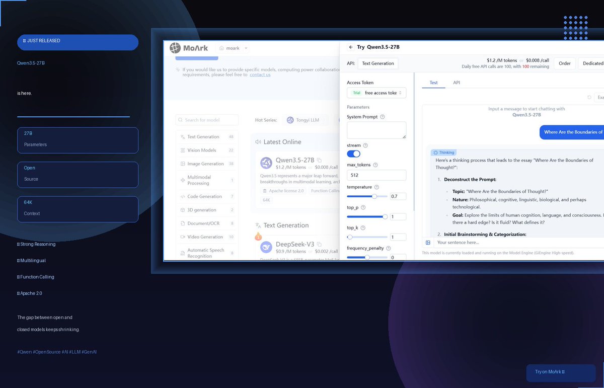 moark2025's tweet photo. 27 billion parameters. Open-source. Surprisingly capable. 👀 
Qwen3.5-27B is redefining what mid-size models can do — strong reasoning, multilingual support, and ready to deploy. The gap between open and closed models keeps shrinking. 😃
Click here👇
https://t.co/BIse3nbilT
#Qwen #OpenSource #AI #LLM #GenAI #MoArk