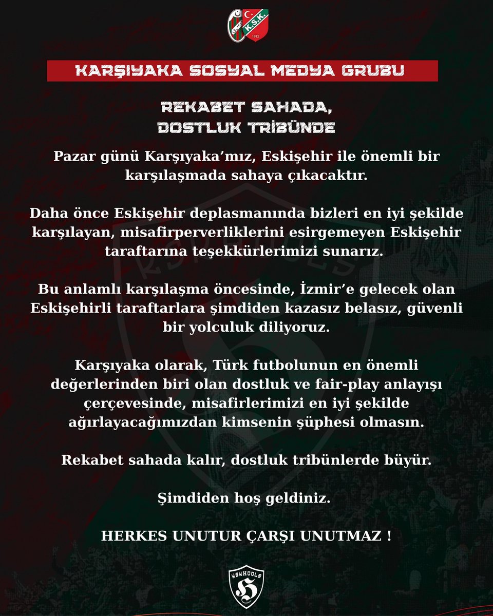 Pazar günü Karşıyaka’mız, Eskişehir ile önemli bir karşılaşmada sahaya çıkacaktır.

Daha önce Eskişehir deplasmanında bizleri en iyi şekilde karşılayan, misafirperverliklerini esirgemeyen Eskişehir taraftarına teşekkürlerimizi sunarız. 

Bu anlamlı karşılaşma öncesinde, İzmir’e