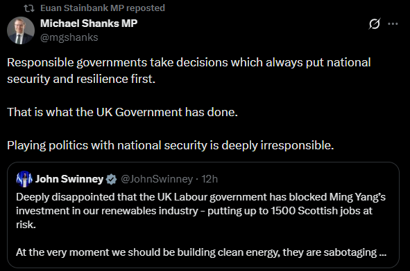 Displaying his now customary lack of self awareness <a href="/mgshanks/">Michael Shanks MP</a> claims that a gov't costing Scots 1500 jobs is responsible as it protects "national security"...

Yet his same Gov't approved the Chinese "Super Embassy" right at the heart of London!...

Wow, what awareness!