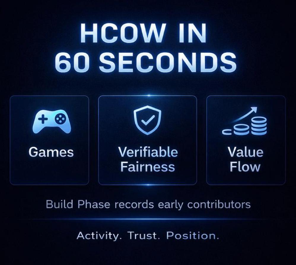 HCOW_Official's tweet photo. New here? Here’s HCOW in 60 seconds.

HCOW is not trying to be just another token, and not just another game project.

At its core, HCOW is building a trust-based GameFi structure where three things are connected:

1. Games
Games are the first practical entry point.
They create activity, retention, and revenue.

2. Verifiable fairness
HCOW is built around the idea that GameFi should not rely only on promises or hype.
Fairness and participation should be backed by structure, proof, and clear rules.

3. Value flow
HCOW is designed so that real activity matters.
Usage, contribution, and early participation are not supposed to disappear into noise — they should be recognized and connected to the system.

That is why Build Phase exists.
It is not just an event layer.
It is the filter that records early contributors and separates real participation from passive watching.

So in simple terms:

HCOW is building a GameFi structure where
games create activity, fairness creates trust, and contribution creates position.

If you understand that, you understand the direction of HCOW.
