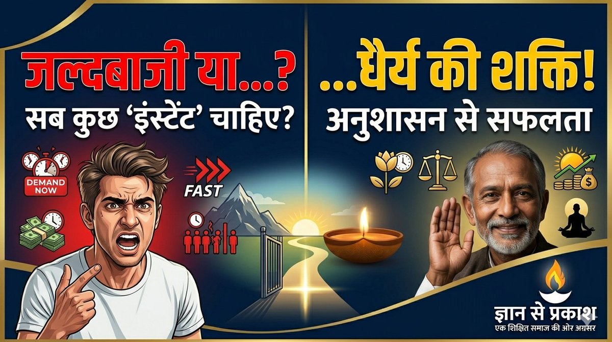 amitjha1501's tweet photo. Gyan Se Prakash ज्ञान से प्रकाश 
​⏳ क्या आप भी 'इंस्टेंट सफलता' के पीछे भाग रहे हैं ?

​जल्दबाजी के इस दौर में हम अक्सर 'धैर्य और अनुशासन' की ताकत को भूल जाते हैं। याद रखिए, सफलता रातों-रात नहीं मिलती, यह छोटे-छोटे अनुशासित कदमों का परिणाम है। जीवन में ठहराव कैसे लाएं और अपने लक्ष्यों को कैसे प्राप्त करें ?

​👇 आज का नया और प्रेरक आर्टिकल यहाँ पढ़ें: 
https://t.co/PMFtEYTV9t 

#Patience #Discipline #Anushasan #SuccessTips #MotivationHindi #LifeLessons #SelfImprovement #GyanSePrakash #ShikshitSamajBanayein #NayiSoch #EkShikshitSamaj