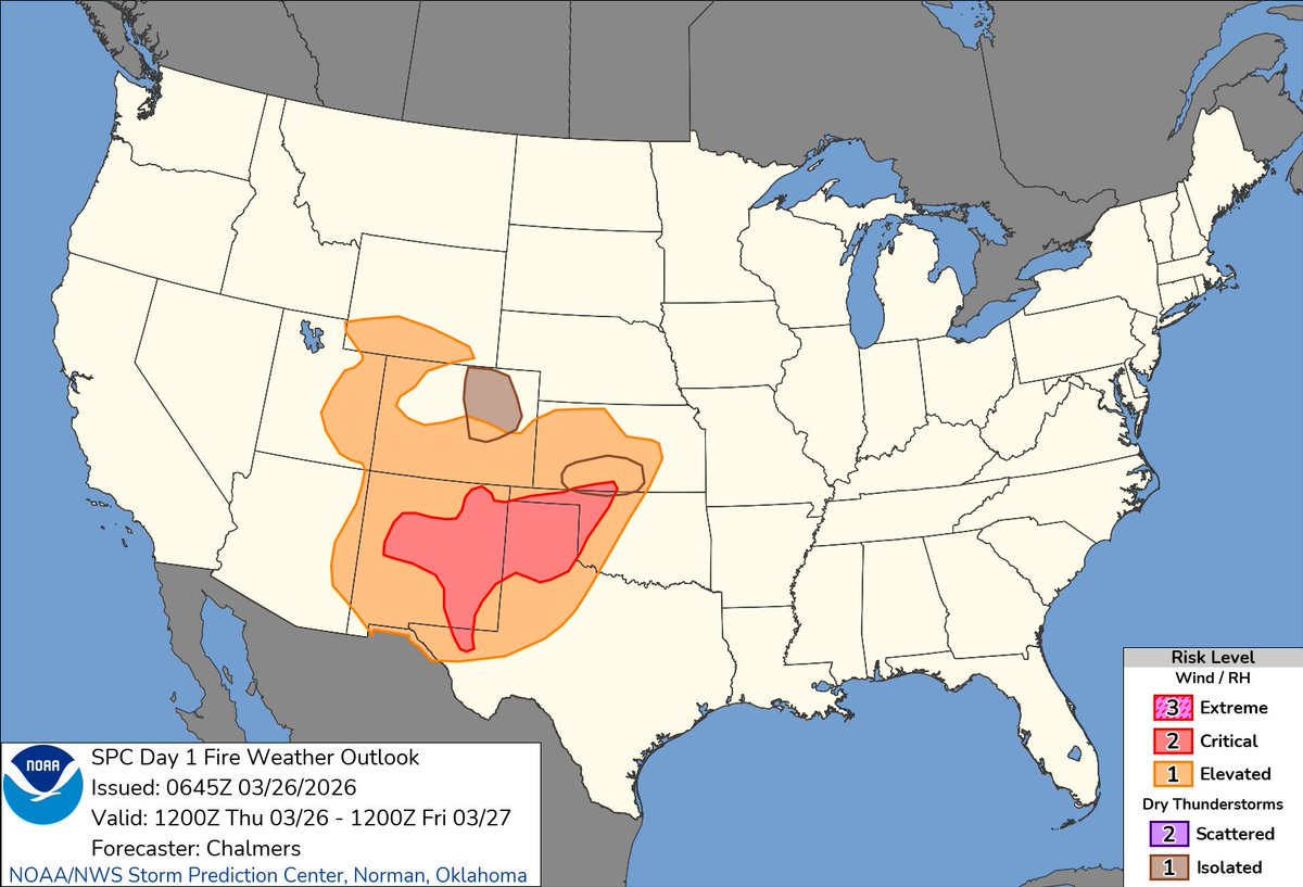 NWSSPC's tweet image. 1:47am CDT #SPC Day1 #FireWX Critical: central new mexico into the southern high plains spc.noaa.gov/products/fire_…