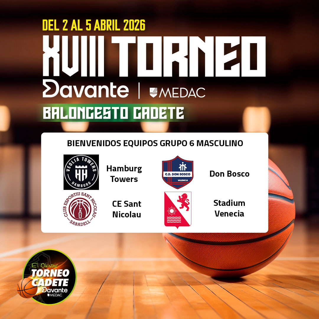PRESENTACION EQUIPOS - BIENVENIDA
GRUPO 6 - CADETE MASCULINO
Los equipos <a href="/hamburgtowers/">Veolia Towers Hamburg</a> , <a href="/CESantNicolau/">CE Sant Nicolau</a> , <a href="/BasketVenecia/">Sección de Baloncesto Stadium Venecia.</a> y CD Don Bosco  conformarán el grupo 6 del cuadrante
Os esperamos en breve y a disfrutar del basket.

<a href="/Davante_MEDAC/">Davante MEDAC</a>
<a href="/EM_ElOlivar/">Estadio Miralbueno El Olivar</a>
<a href="/mhlsports/">MHL Sports</a>