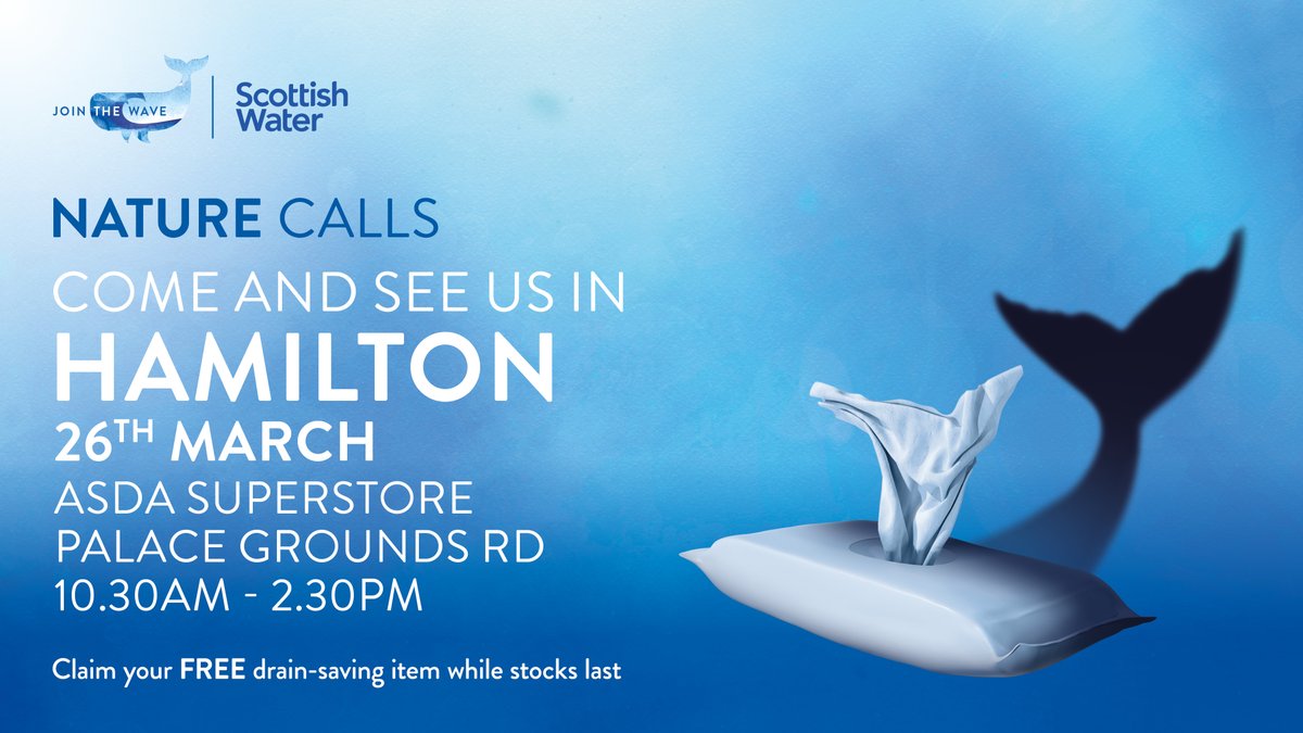 ScotWaterWest's tweet image. Come &amp;amp; see us today (26/3) in #Hamilton. We’ll be in the Asda Superstore, Palace Grounds Rd, 10.30am-2.30pm. Chat to our friendly team about our #NatureCalls campaign - pick up a free gunk pot, bathroom bin or reusable wipes pack (while stocks last)! 

👉 yourwateryourlife.co.uk/events
