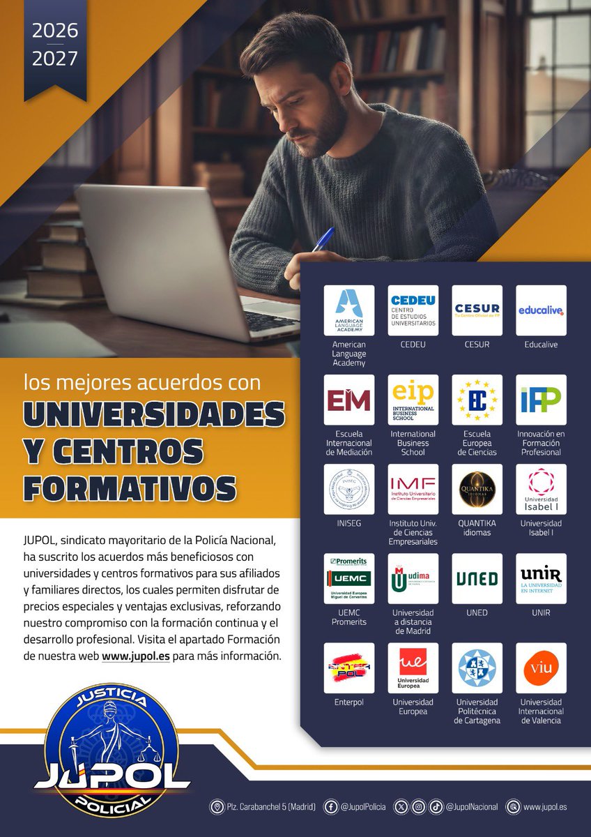 JupolNacional's tweet photo. Los mejores acuerdos con UNIVERSIDADES Y CENTROS FORMATIVOS

JUPOL, sindicato mayoritario de la Policía Nacional, ha suscrito los acuerdos más beneficiosos con universidades y centros formativos para sus afiliados y familiares directos, los cuales permiten disfrutar de precios especiales y ventajas exclusivas, reforzando nuestro compromiso con la formación continua y el desarrollo profesional. Visita el apartado Formación de nuestra web https://t.co/oJT8qCBi1x para más información.

JUPOL #EquiparacionYa y mucho más.