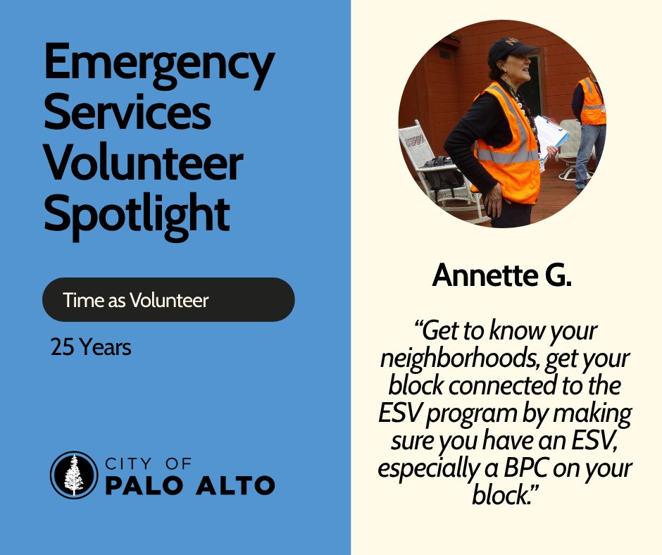 cityofpaloalto's tweet image. Annette has been an Emergency Services Volunteer (ESV) since 2001. From helping launch early emergency preparedness efforts to supporting today’s ESV program, Annette has a passion for building connections and community, block by block.

#PaloAlto #ESV #EmergencyPreparedness