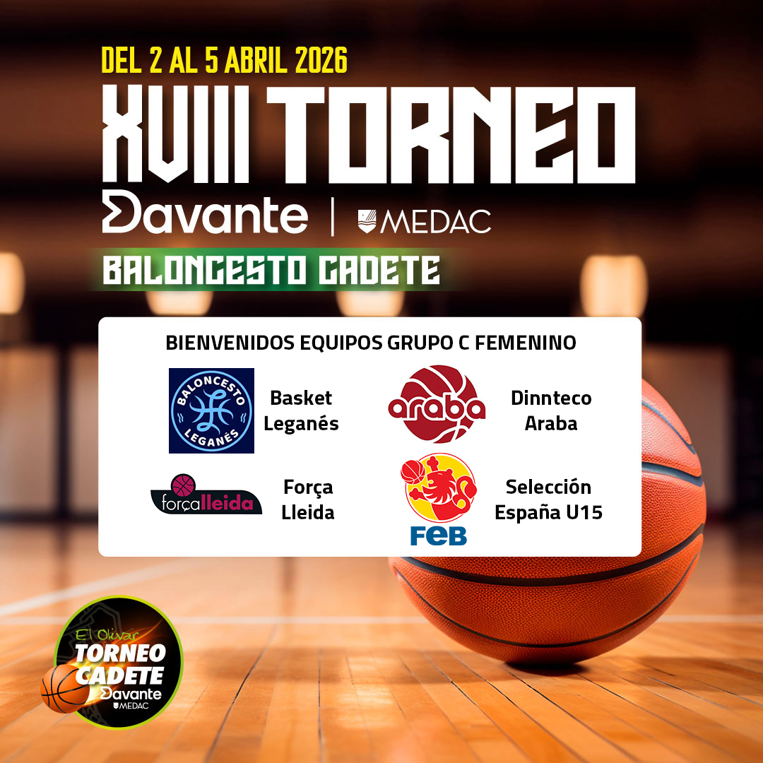 PRESENTACION EQUIPOS - BIENVENIDA
GRUPO C- CADETE FEMENINO
Los equipos <a href="/basketleganes/">Baloncesto Leganés</a> , <a href="/flleidabase/">FORÇA LLEIDA BASE</a> , <a href="/CB_ARABA/">CB ARABA</a> y <a href="/BaloncestoESP/">Baloncesto España</a> U15    conformarán el grupo C del cuadrante
Os esperamos en breve y a disfrutar del basket.

<a href="/Davante_MEDAC/">Davante MEDAC</a>
<a href="/EM_ElOlivar/">Estadio Miralbueno El Olivar</a>
<a href="/mhlsports/">MHL Sports</a>