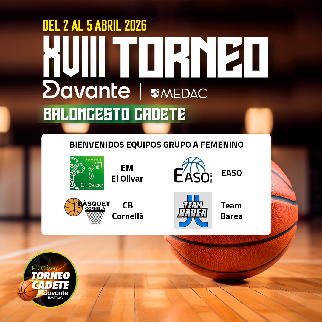 PRESENTACION EQUIPOS - BIENVENIDA
GRUPO A - CADETE FEMENINO
Los equipos <a href="/easobasket/">EASO BASKET</a> , <a href="/BasquetCornella/">CB Cornellà</a> , Team Barea y <a href="/Olivar_basket/">Olivar_basket</a>  conformarán el grupo A del cuadrante
Os esperamos en breve y a disfrutar del basket.

<a href="/Davante_MEDAC/">Davante MEDAC</a>
<a href="/EM_ElOlivar/">Estadio Miralbueno El Olivar</a>
<a href="/mhlsports/">MHL Sports</a>