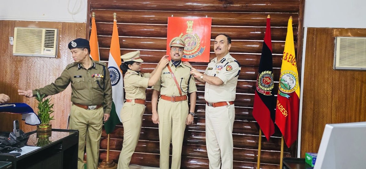 ArunachalPolice's tweet photo. The Pipping Ceremony for promotion to Senior Time Scale was held at the DGP’s chamber, PHQ Itanagar on 26/3/26.
Officers promoted:Aashish Kumar, Akanksha Milind, Shruti, and Mayank Dubey (IPS, AGMUT-2022).
Congratulations &amp; best wishes for continued success and dedicated service. https://t.co/d0c2OkW3YU