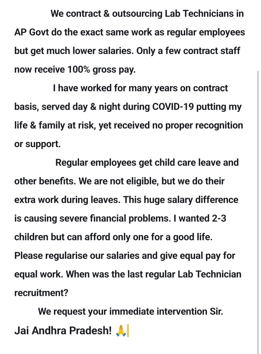 pabbineedigani's tweet image. Hon'ble Chief Minister @AndhraPradeshCM  @ncbn 
We contract &amp;amp; outsourcing Lab Technicians in AP Govt do the exact same work as regular employees but get much lower salaries. Only a few contract staff now receive 100% gross pay. Show more
#EqualPayForEqualWork #APContractEmployees