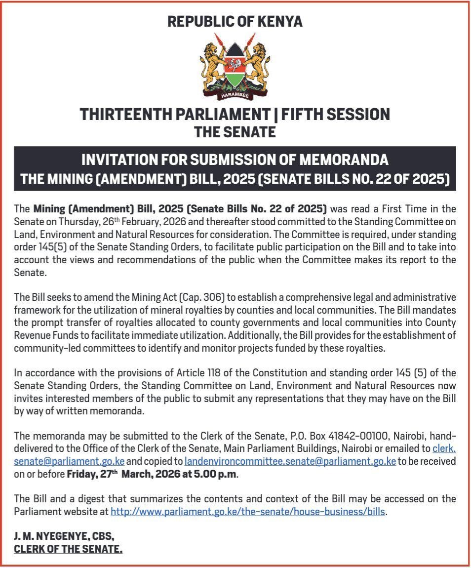 Huria_KE's tweet image. #Kenya #Senate is reviewing the Mining (Amendment) Bill, 202 which determines how royalties from minerals on YOUR land are shared.
Our question: Is your community actually benefiting from the minerals being taken from your land, or just watching?

#ActNow Reply. DM. Share.