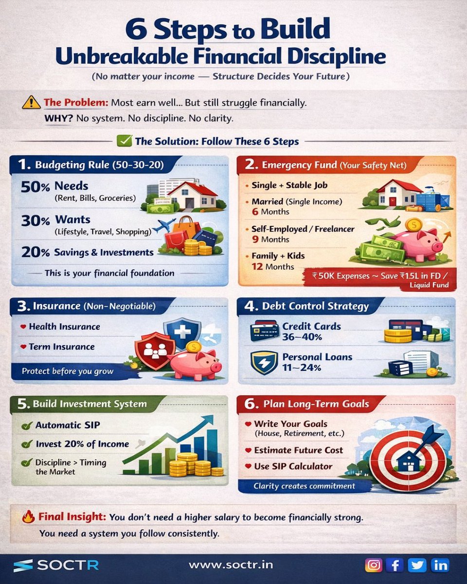 MySoctr's tweet image. 6 steps to become financially strong 💰

Budget
Emergency fund
Insurance
Control debt
Invest regularly
Plan long term
Discipline builds wealth.
#PersonalFinance #MoneyTips #FinancialPlanning #Investing #WealthCreation #FinanceIndia #StockMarketIndia #SuccessMindset #SOCTR