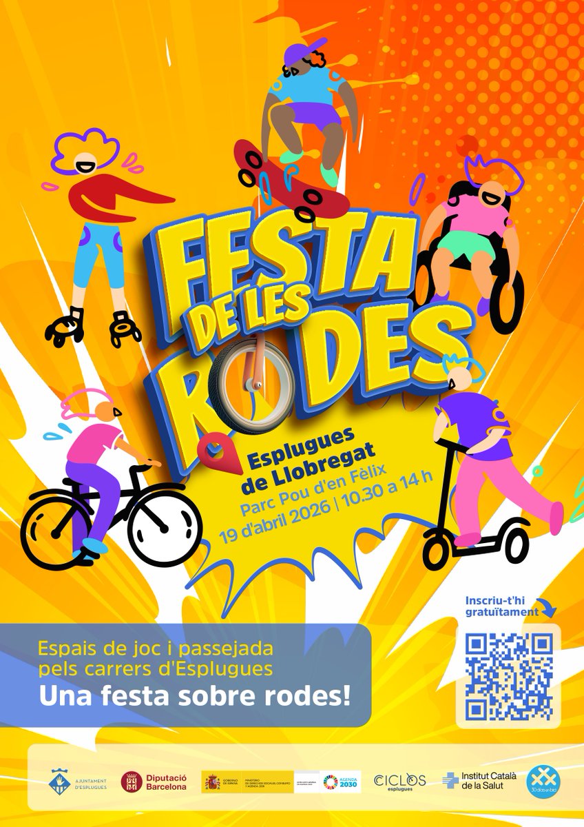 🎉  Famílies, el diumenge 19 d’abril torna a #Esplugues la Festa de les Rodes!

🚲🛼🦽 Veniu en bici, patins, cadira de rodes, skate, patinet… tot allò que rodi! Hi haurà espais de joc i passejada pels carrers de la ciutat.

🕥 De 10.30 a 14 h

Una festa sobre rodes! 🛞🛞🛞🛞
