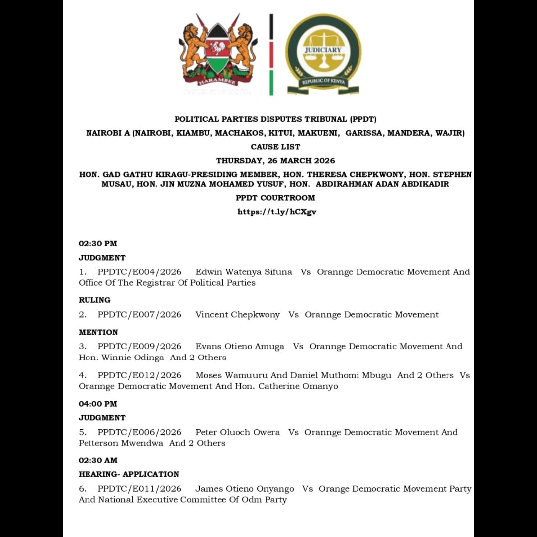 ppdtkenya's tweet photo. Today’s Cause List: PPDT ⚖️
Scheduled proceedings for Thursday, 26 March 2026, featuring matters involving various parties and ORPP
📅 Date: 26th March 2026
📍 Location: Nairobi A (Virtual:https://t.co/FQEqNyFZEE)
📝 Activity: Judgments, Rulings, and Mentions. https://t.co/Ur9V3N9vXu